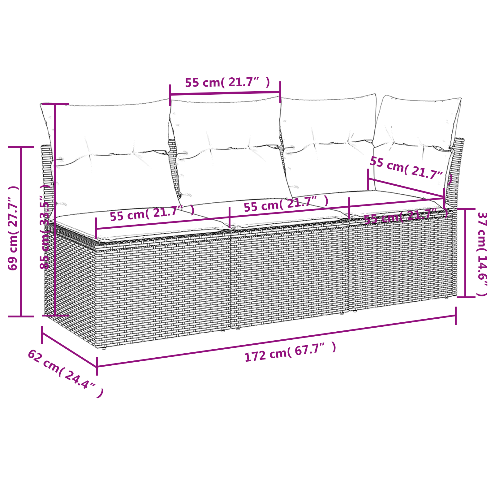 | kerti kanapé | párnával barna 172 x 62 x 69 cm poli rattan