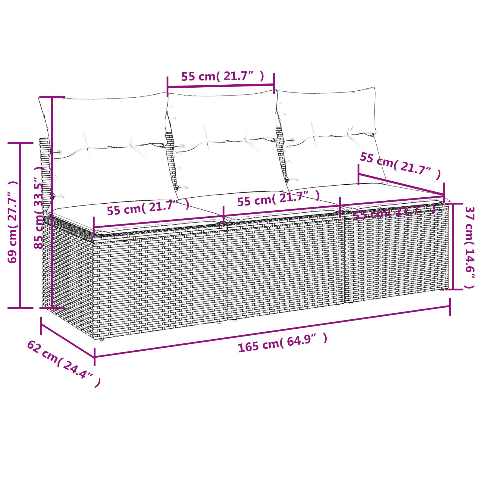 | kerti kanapé | párnával barna 165 x 62 x 69 cm poli rattan