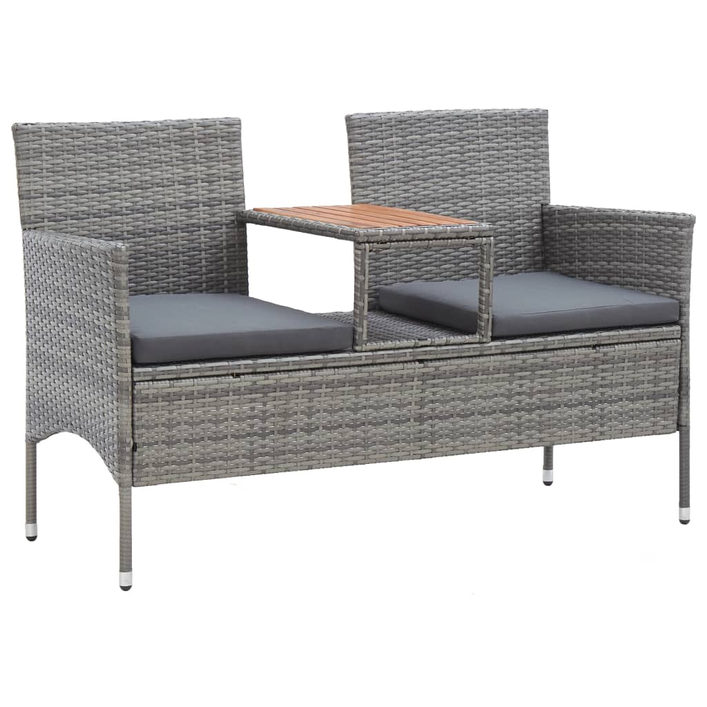 Kétszemélyes szürke polyrattan kerti pad teázóasztallal 143 cm