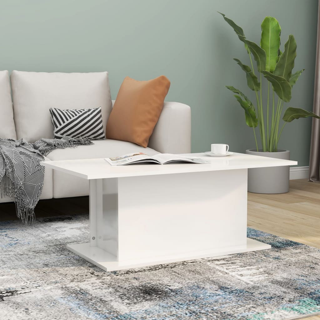 Magasfényű fehér forgácslap dohányzóasztal 102 x 55,5 x 40 cm