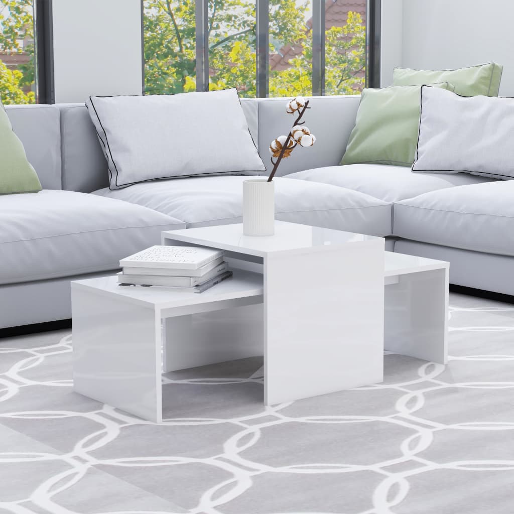Magasfényű fehér forgácslap dohányzóasztal szett 100x48x40 cm