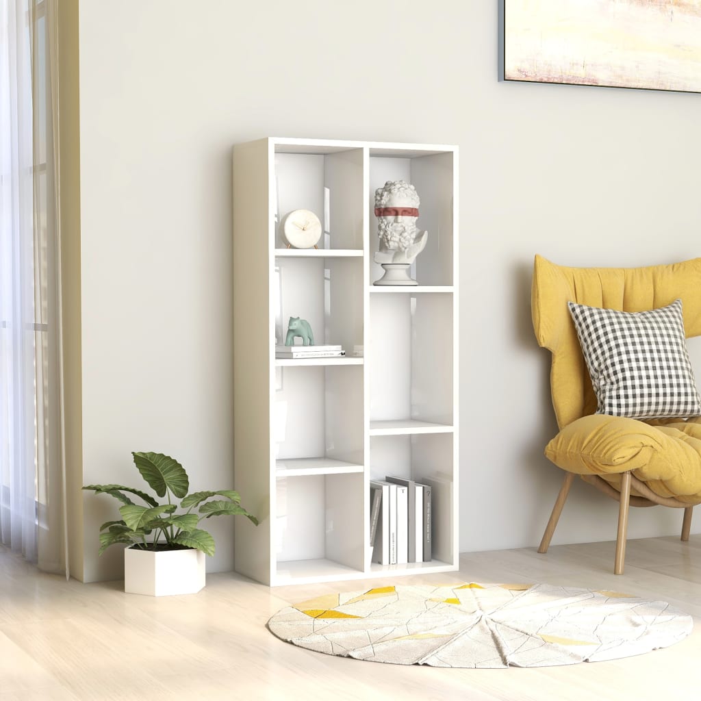 Magasfényű fehér forgácslap könyvszekrény 50 x 25 x 106 cm