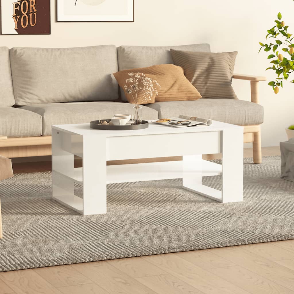 Magasfényű fehér szerelt fa dohányzóasztal 102 x 55 x 45 cm