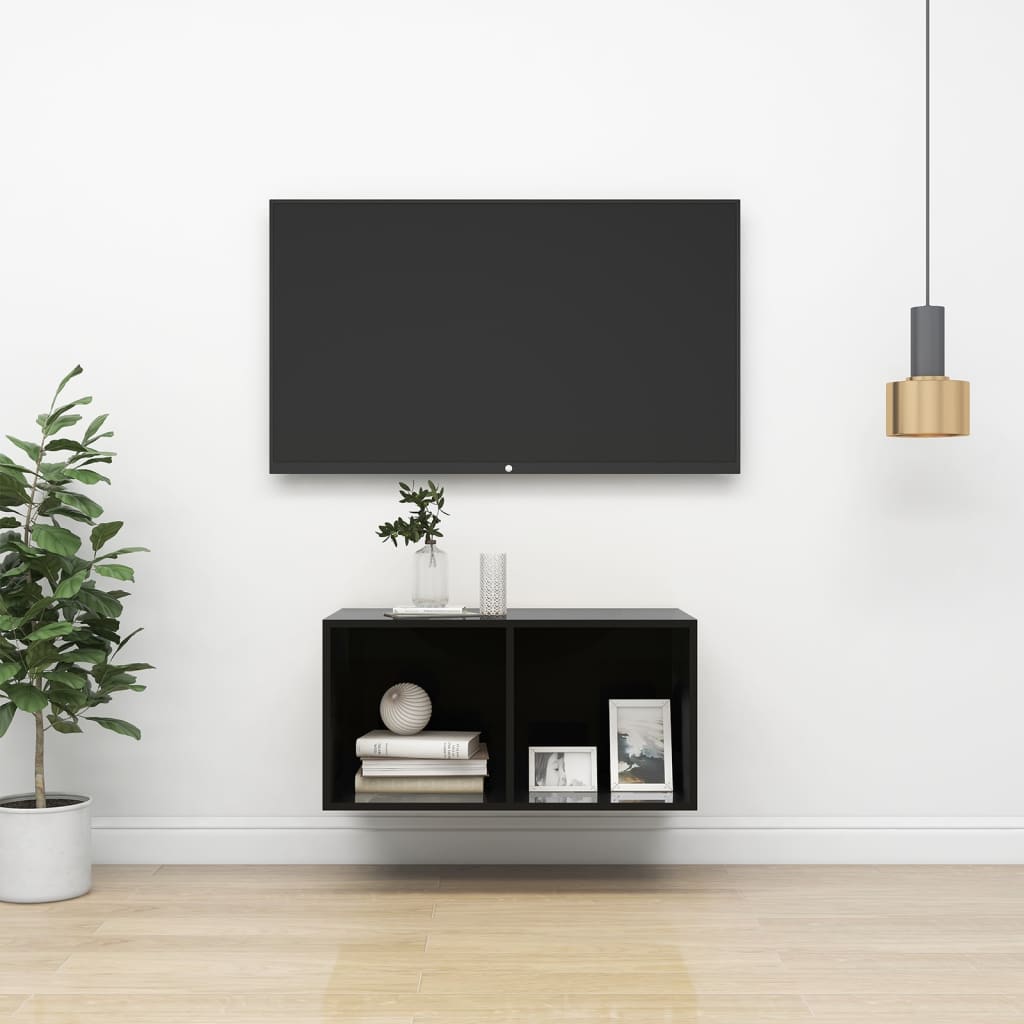 Magasfényű fekete forgácslap fali tv-szekrény 37 x 37 x 72 cm Magasfényű fekete forgácslap fali tv-szekrény 37 x 37 x 72 cm