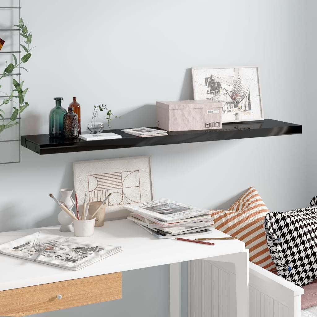 Magasfényű fekete mdf fali polc 120 x 23,5 x 3,8 cm