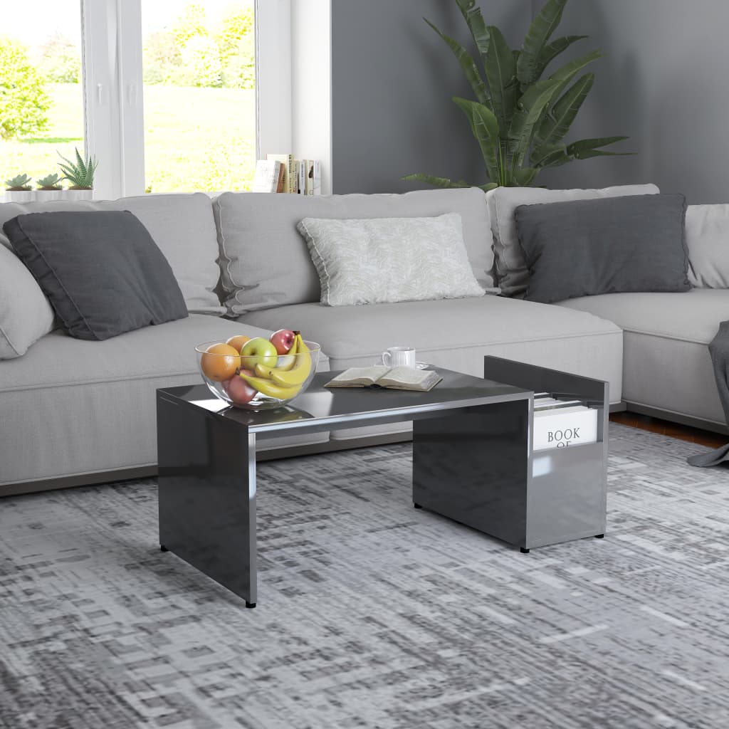 Magasfényű szürke forgácslap dohányzóasztal 90 x 45 x 35 cm