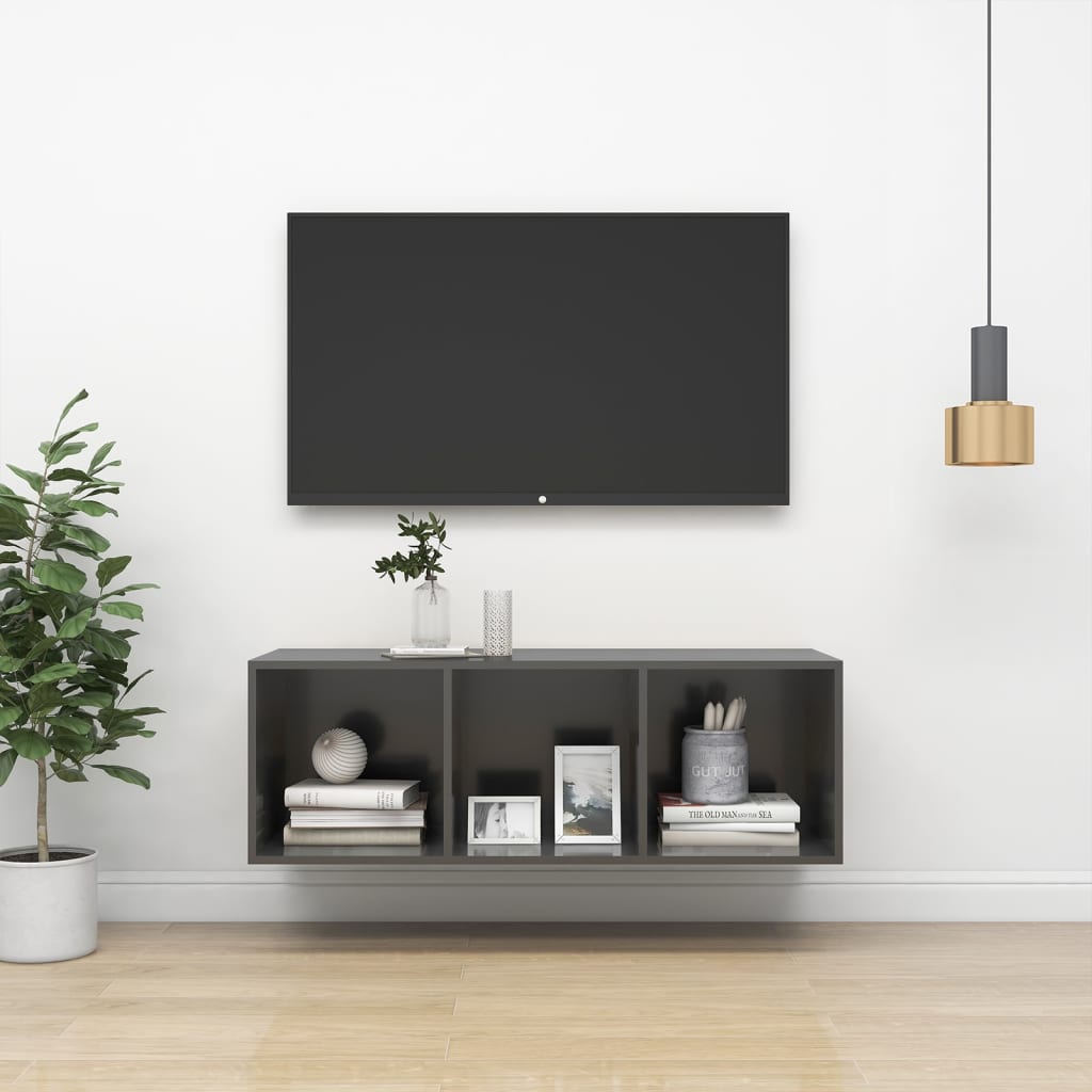 Magasfényű szürke forgácslap fali tv-szekrény 37 x 37 x 107 cm