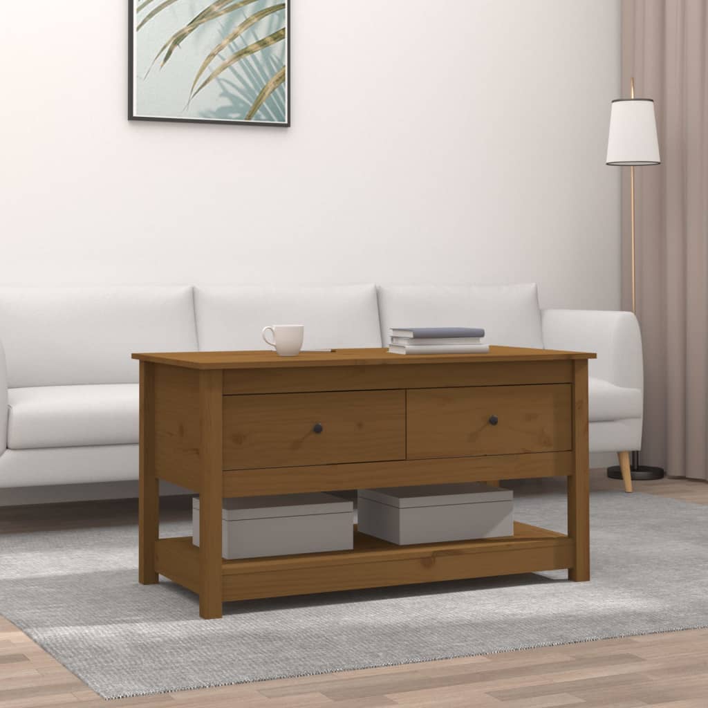 Mézbarna tömör fenyőfa dohányzóasztal 102 x 49 x 55 cm