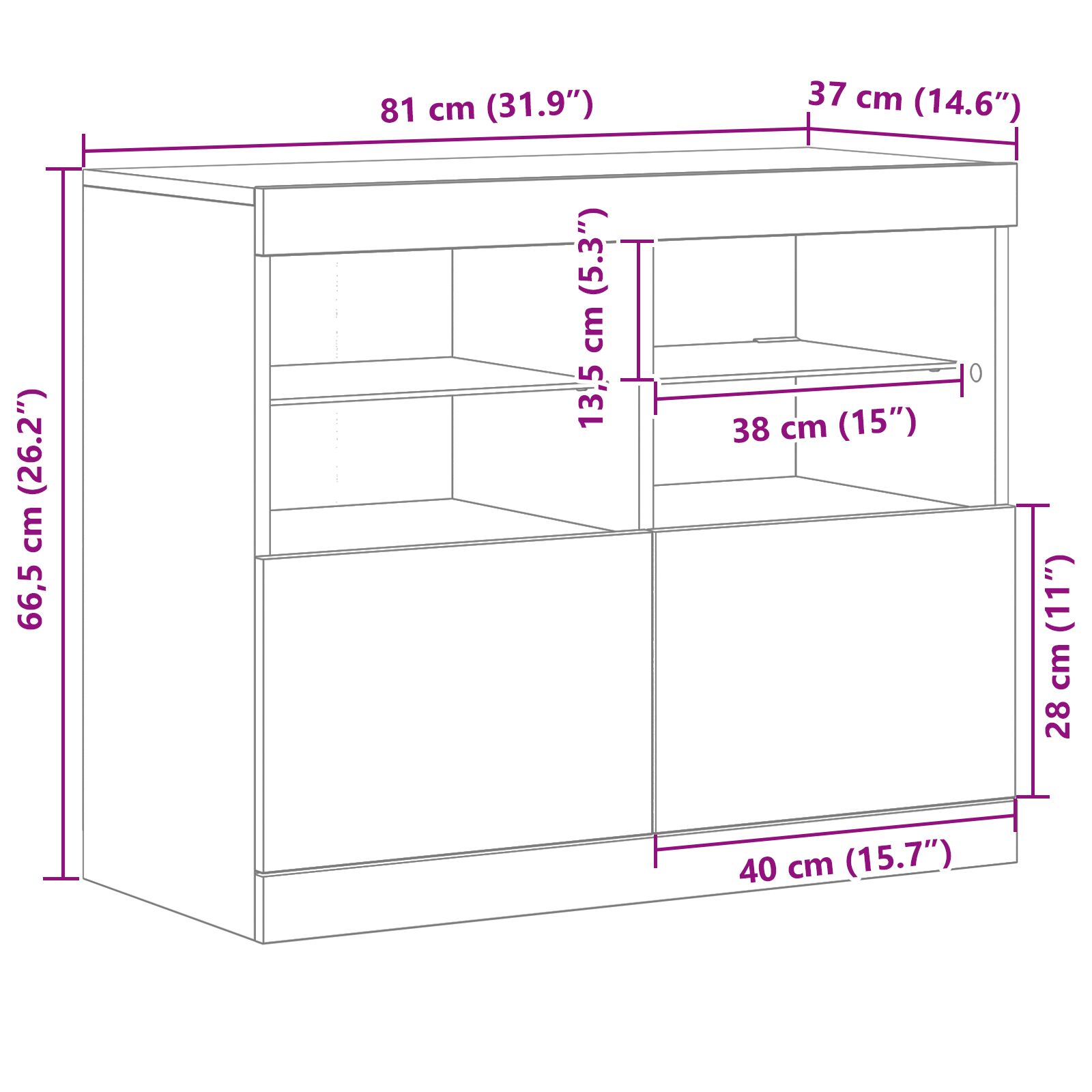 Büfé led világítással kézműves tölgy 81x37x67 cm