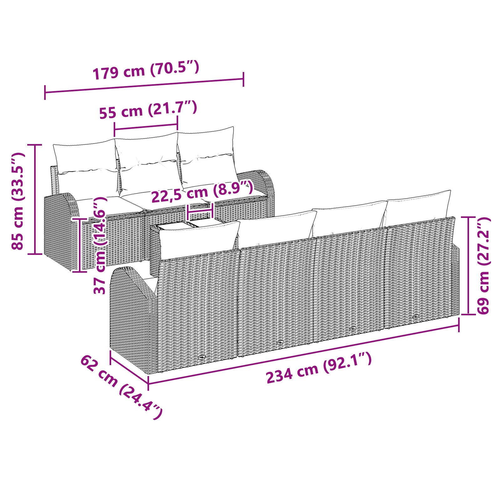 8 darabos kerti kanapé szett párnákkal szürke poli rattan