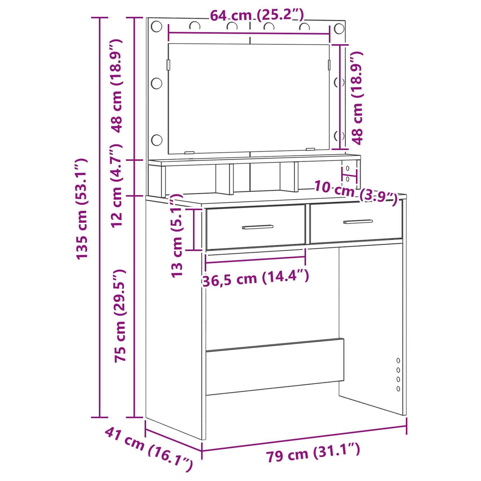 Sminkasztal led világítással füstölt tölgy 79x41x135 cm