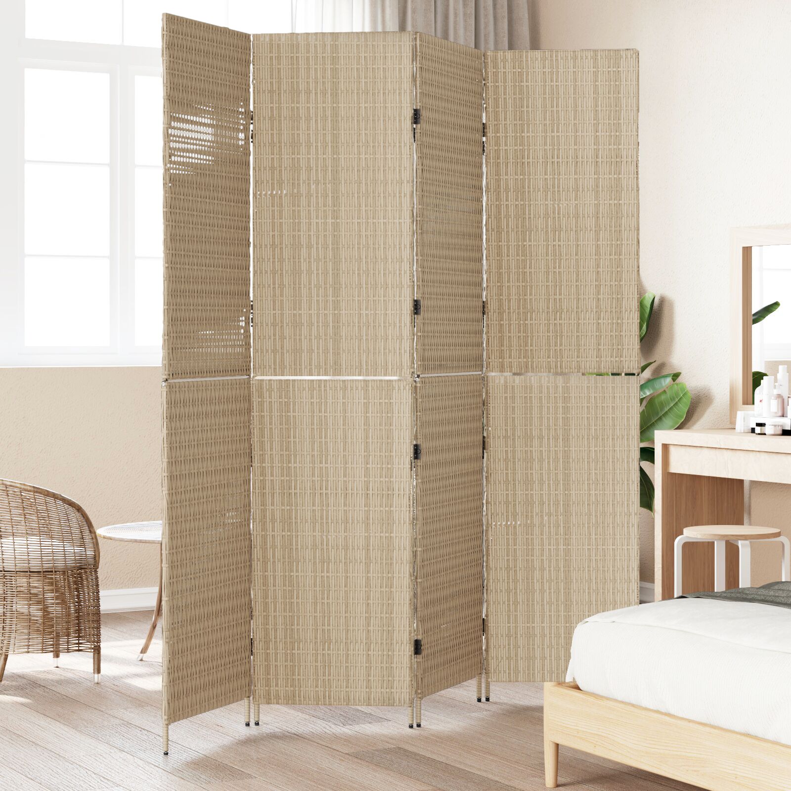 Szobai elválasztók bézs fa, szövet 4 panel, 200 cm magasság