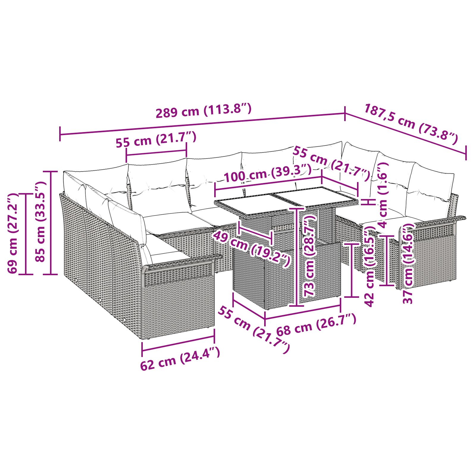 10 darabos kerti kanapé szett párnákkal - világosszürke poli rattan 10 darabos kerti kanapé szett párnákkal - világosszürke poli rattan