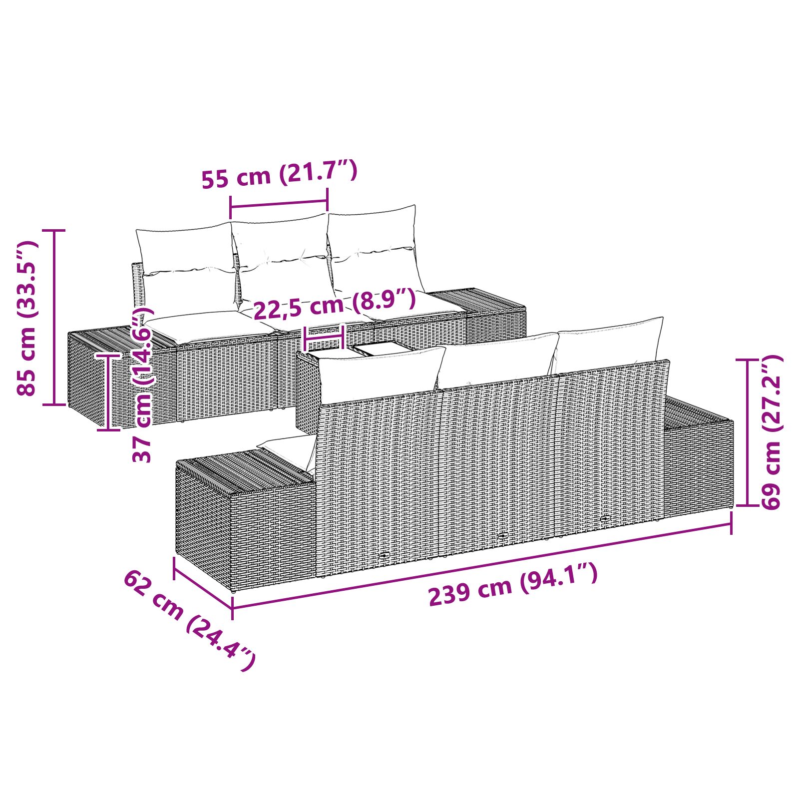 7 részes kerti kanapé szett párnákkal barna poli rattan