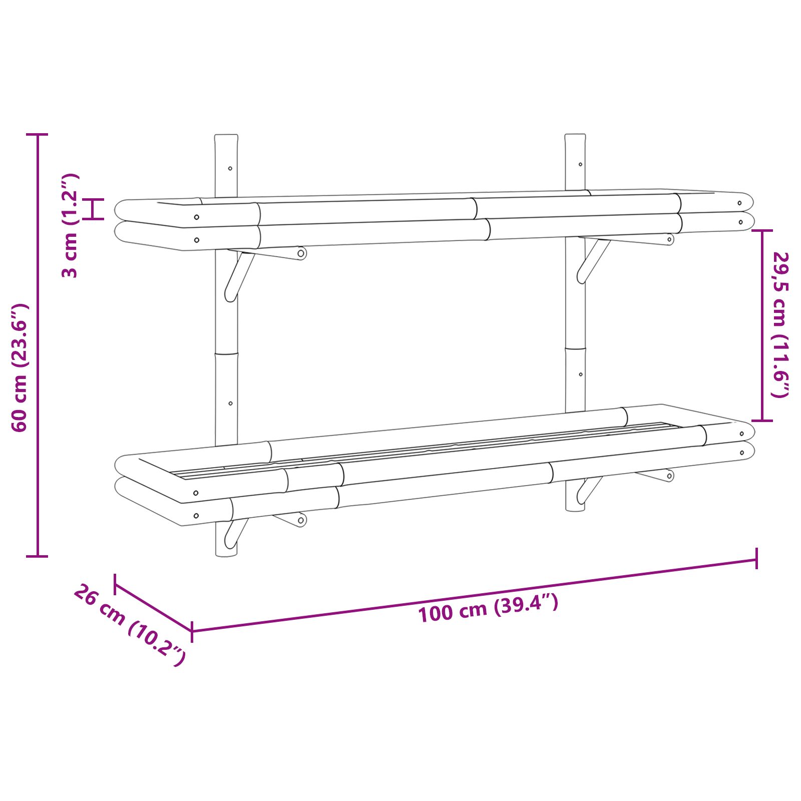 2 szintes falipolc 100x26x60 cm bambuszból