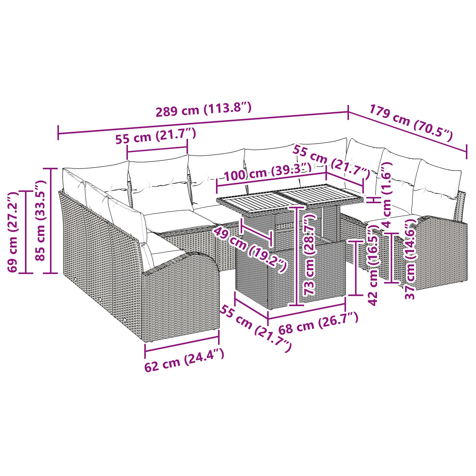 10 darabos kerti étkező szett párnákkal fekete poli rattan akác
