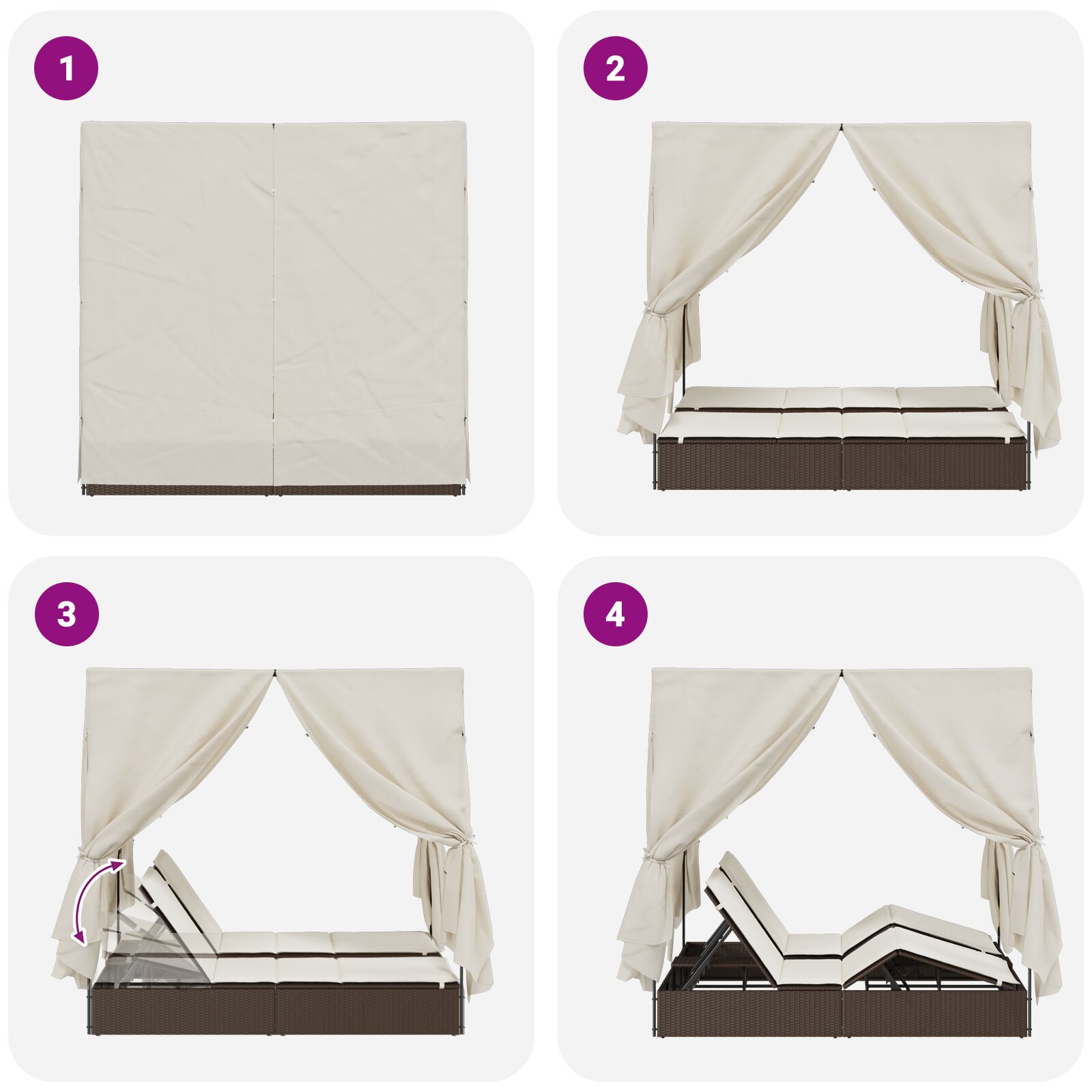 Kétfős napozóágy tetővel és függönyökkel barna polirattan