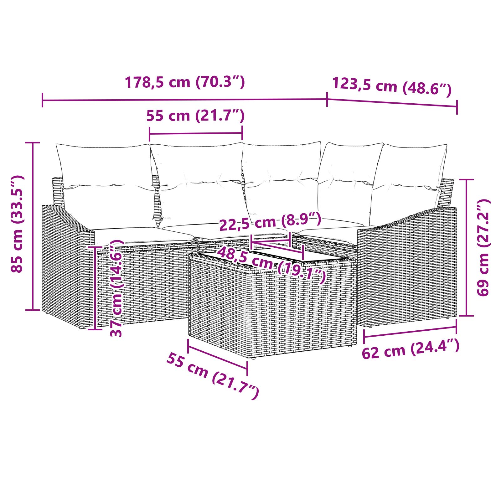 5 részes kerti kanapészett párnákkal barna poli rattan