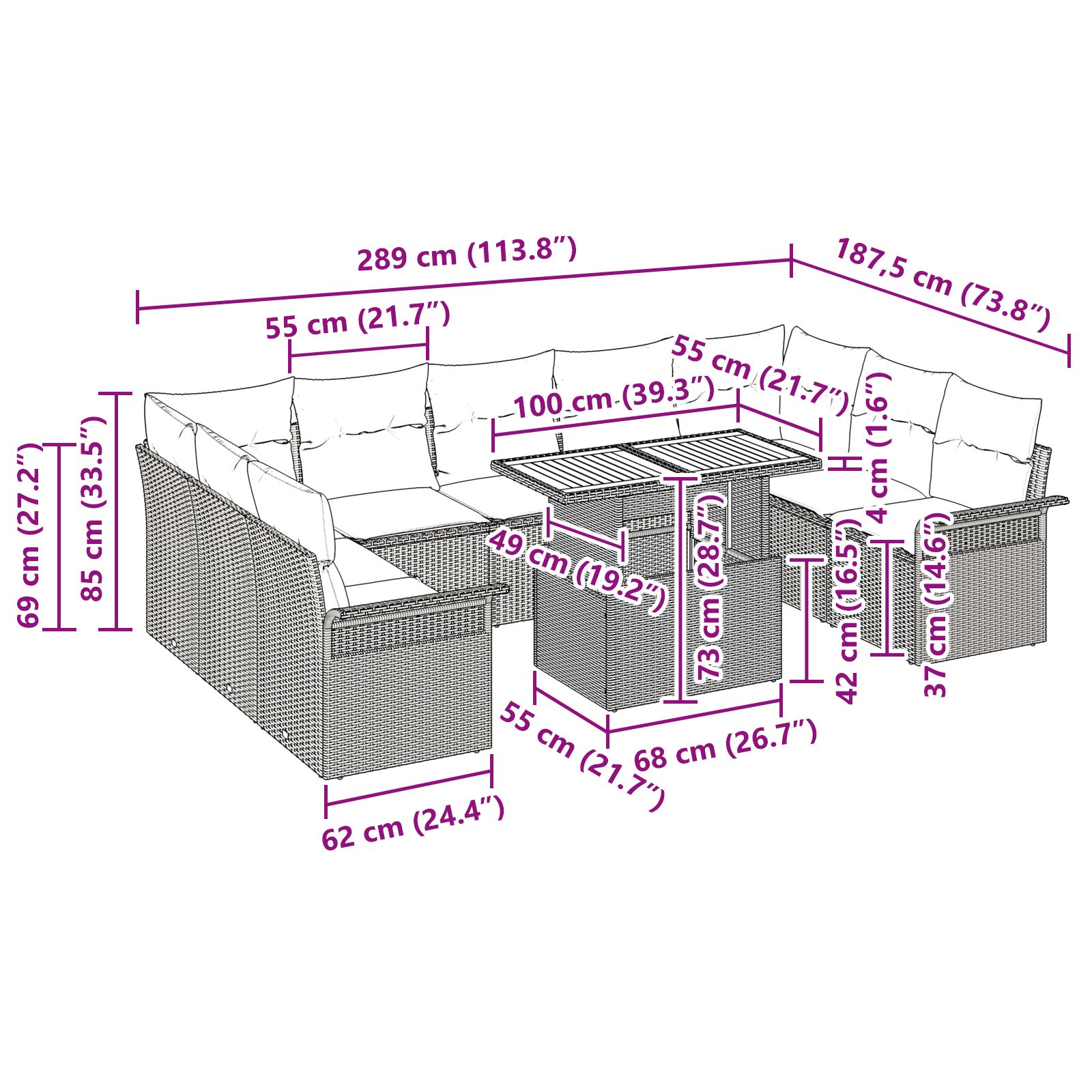 10 darabos kerti étkező szett párnákkal fekete poli rattan akác