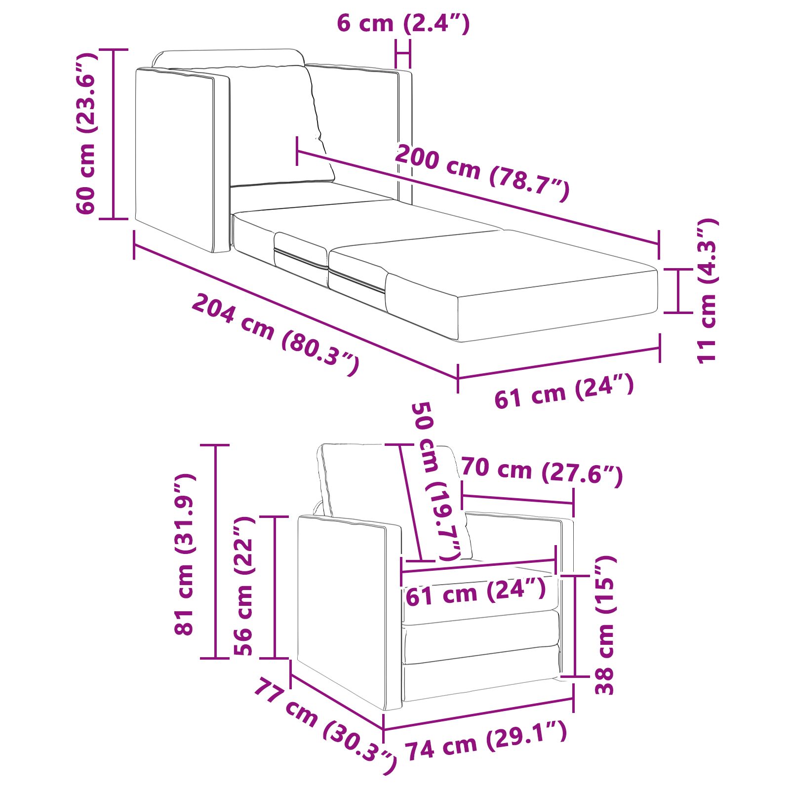 Floor sofa bed 2-in-1 fekete 74x77x81 cm műbőr Floor sofa bed 2-in-1 fekete 74x77x81 cm műbőr