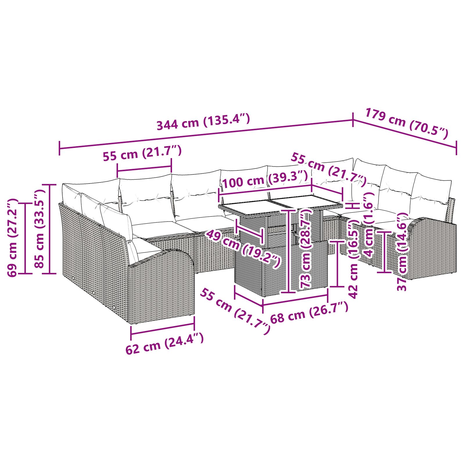 11 darabos kerti kanapészett párnákkal szürke poli rattan