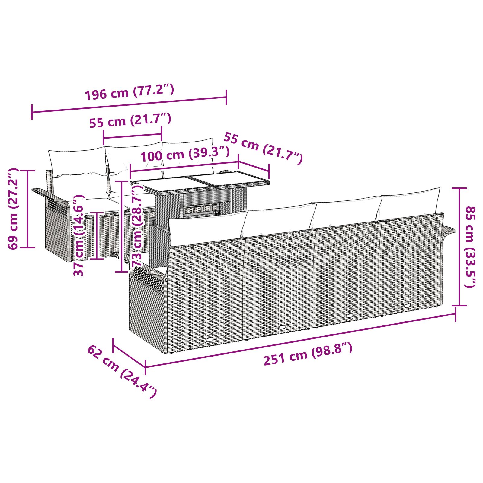 8 darabos kerti kanapé szett párnákkal világosszürke poli rattan