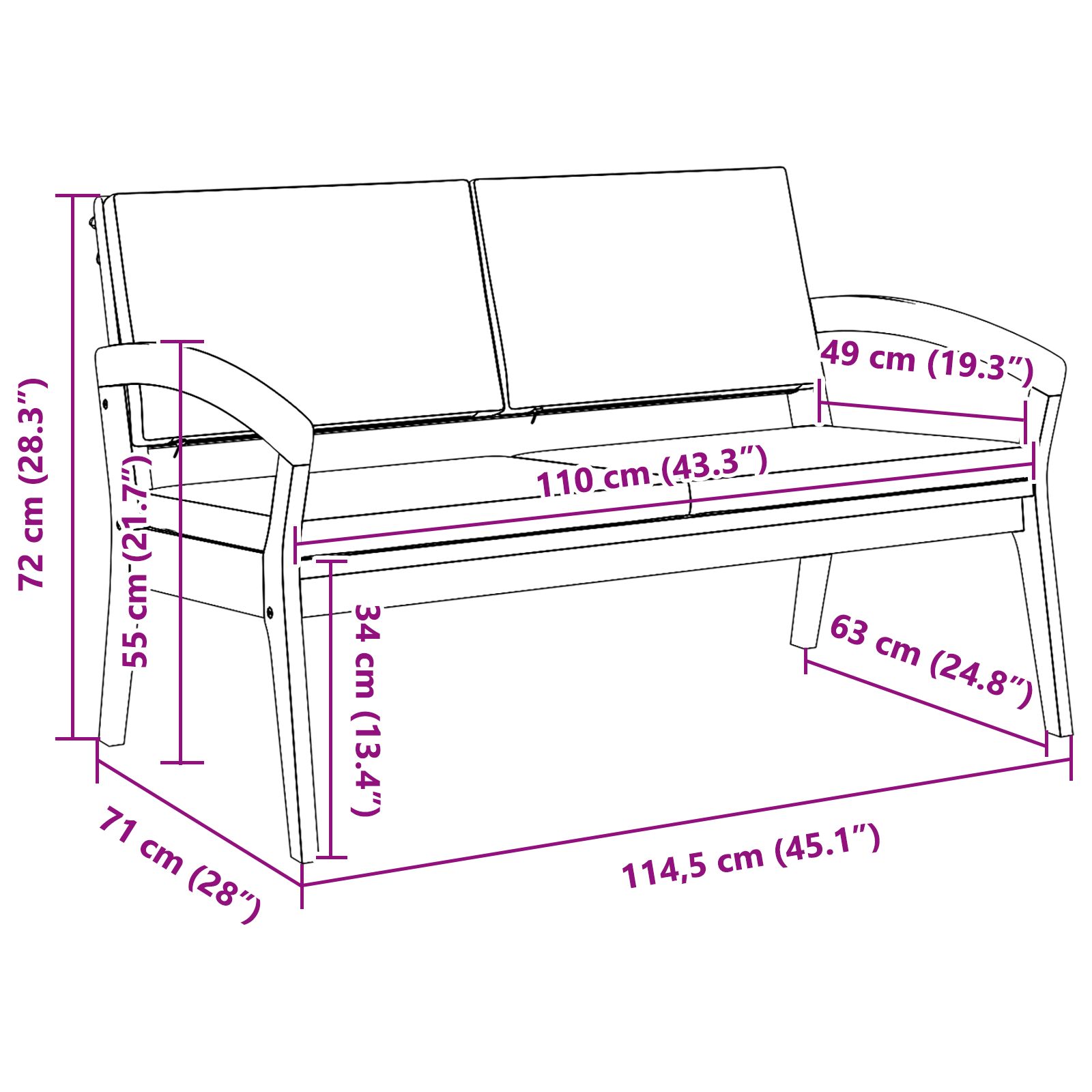Kerti pad párnákkal 115x70x72 cm tömör akácfából