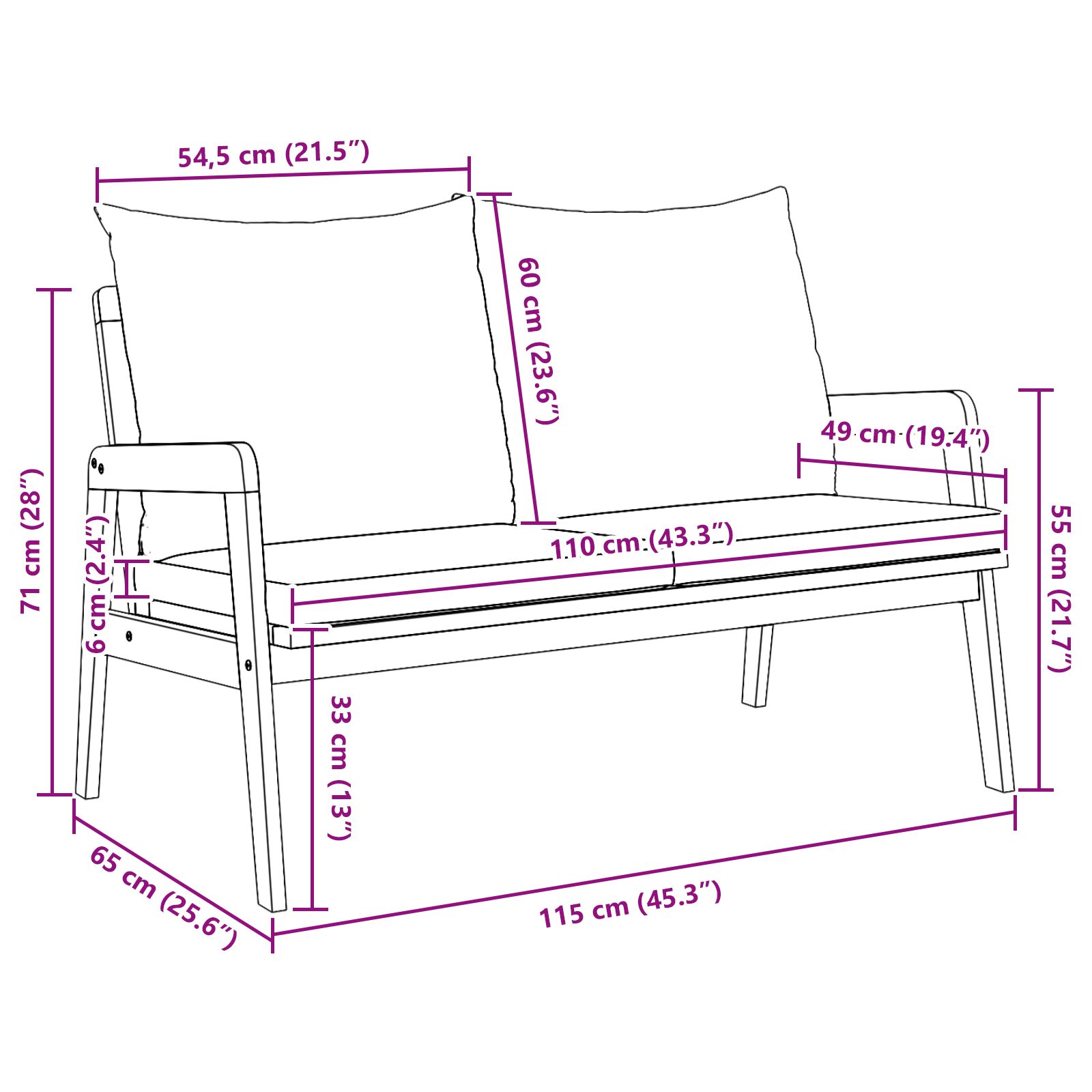 Kertibank párnákkal 115x65x71 cm tömör akácfából