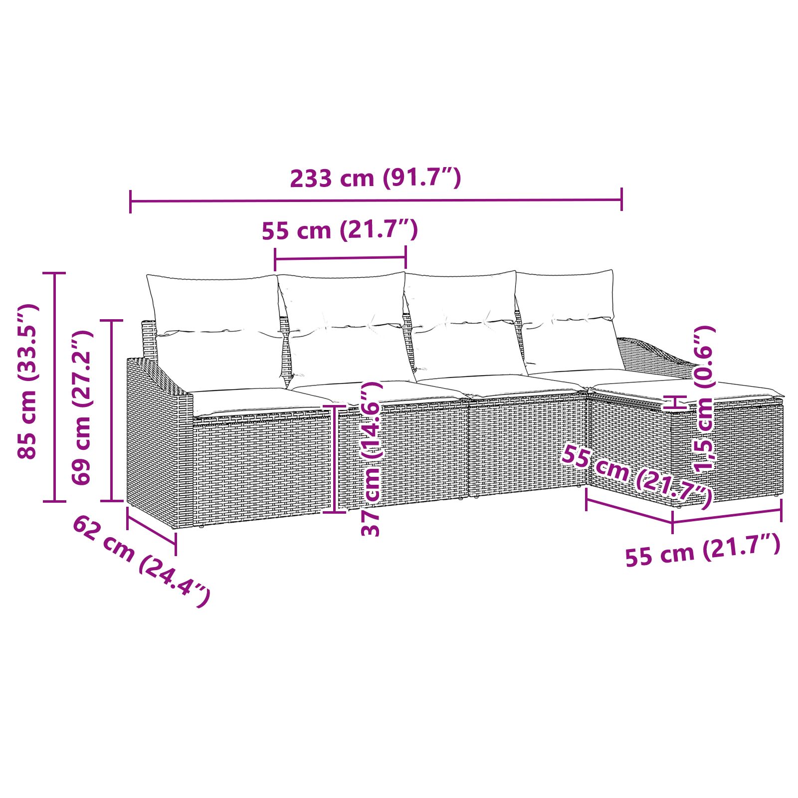 Kerti kanapészett 5 darab fekete és krém rattan és poliészter