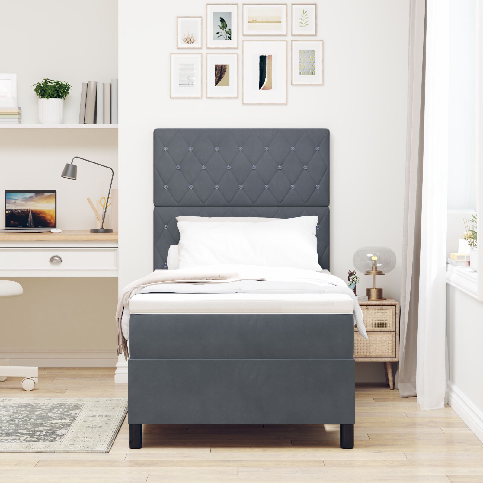 Boxspring ágy matraccal sötétszürke 100x200 cm bársony