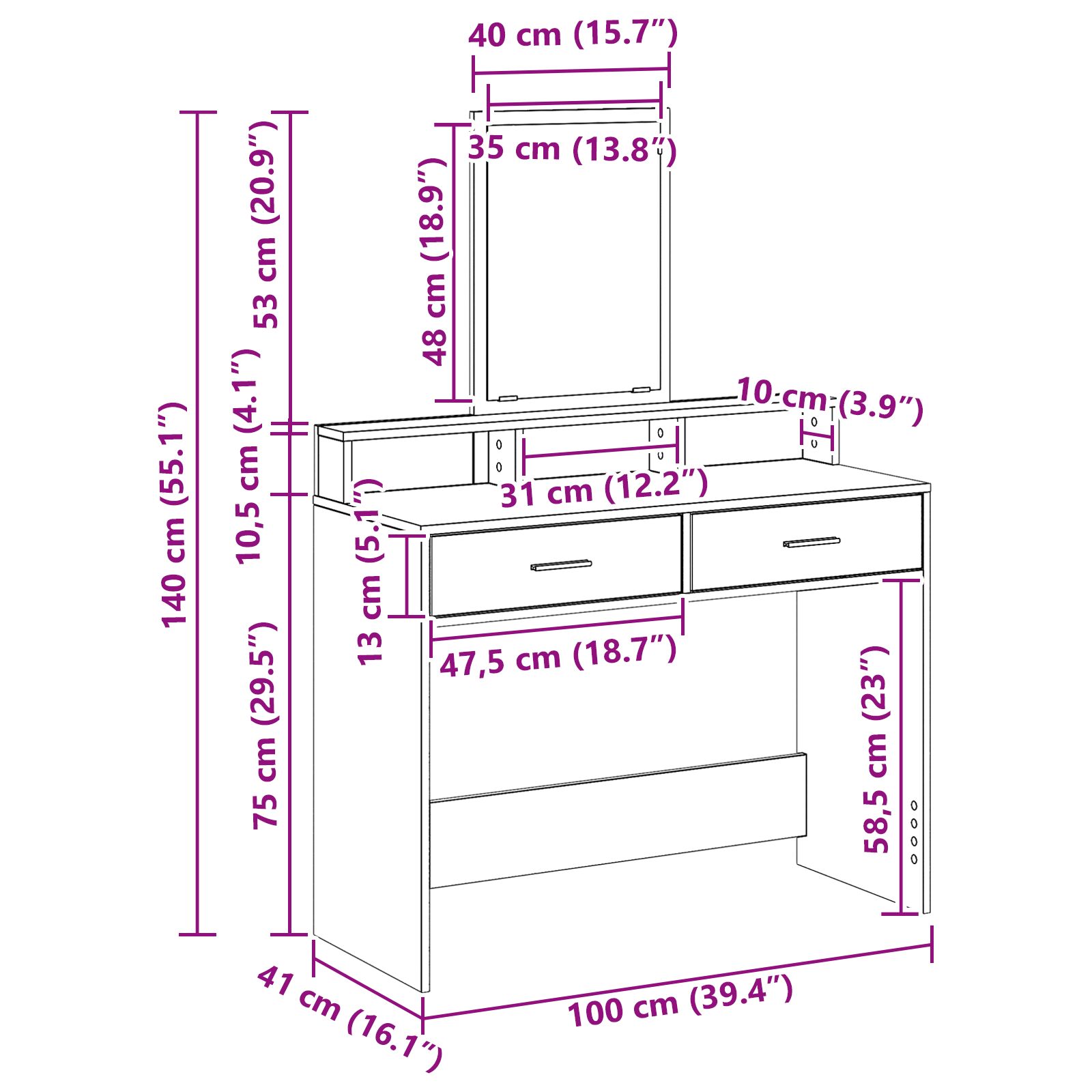 Sminkasztal fiókokkal beton szürke 100x41x140 cm