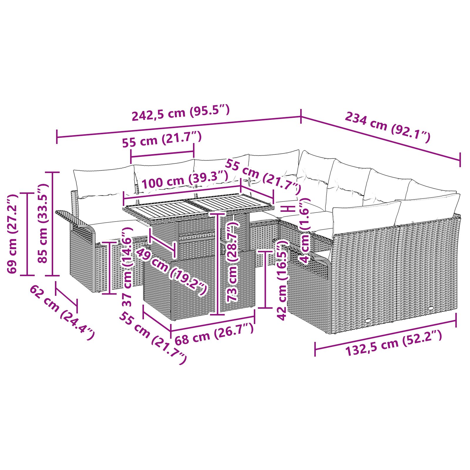 Kertibútor szett  9 darabos szürke rattan kerti szofa szett