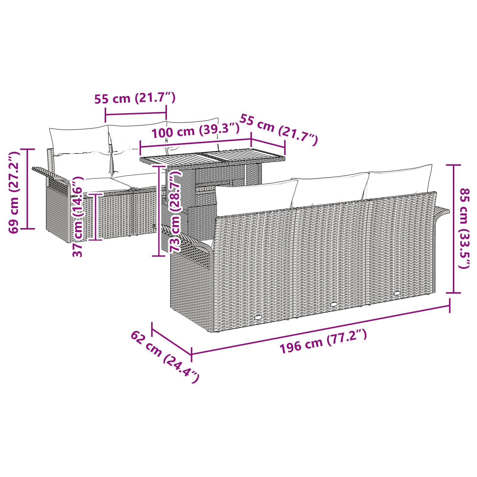 Kertibútor szett 7 részes szürke rattan 7 részes kertibútor szett