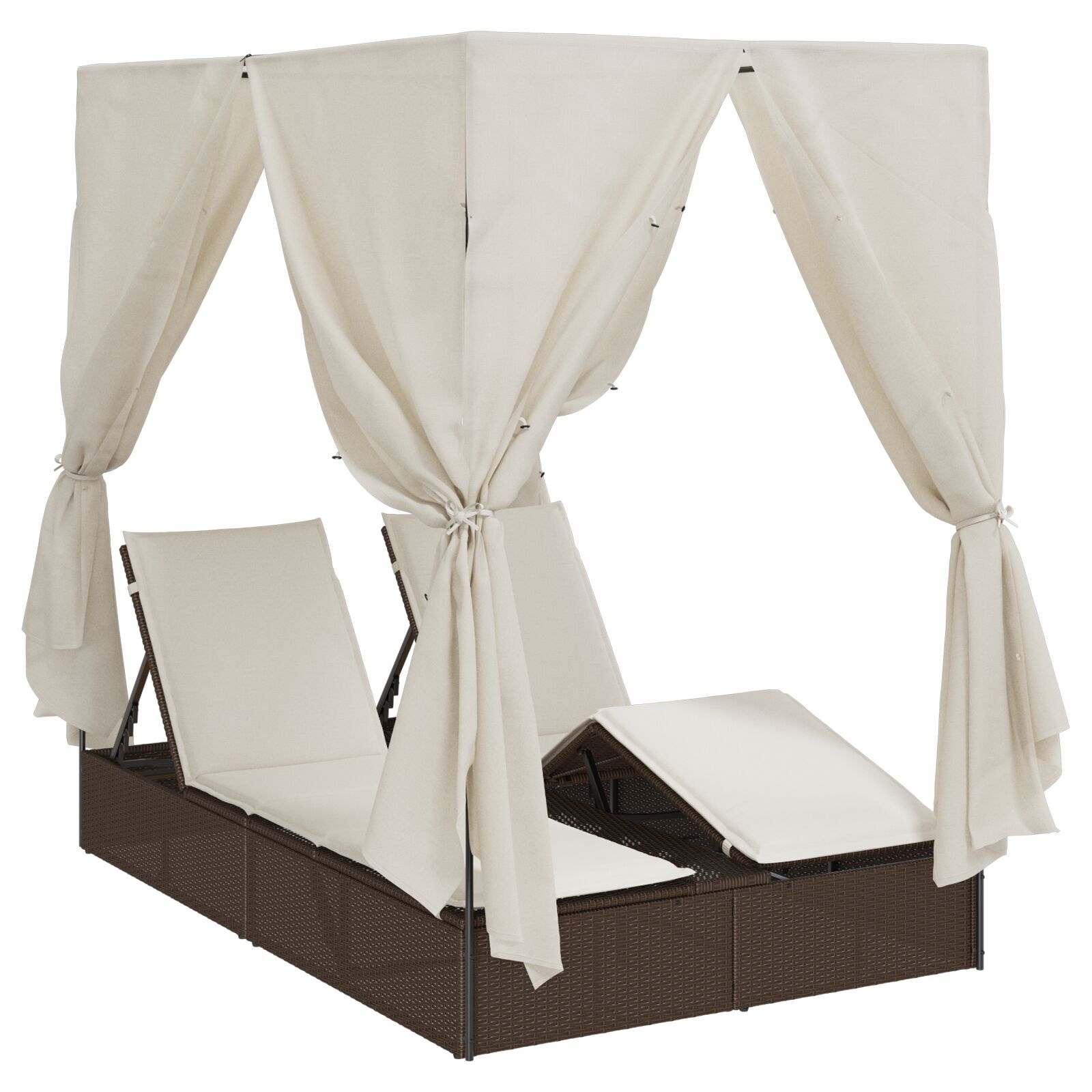 Kétfős napozóágy tetővel és függönyökkel barna polirattan