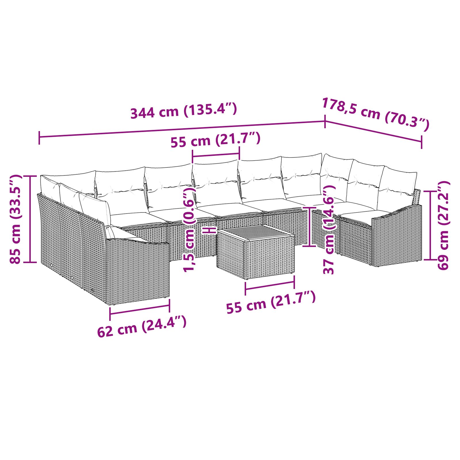 11 darabos kerti kanapé szett párnákkal, fekete, poli rattan, akác