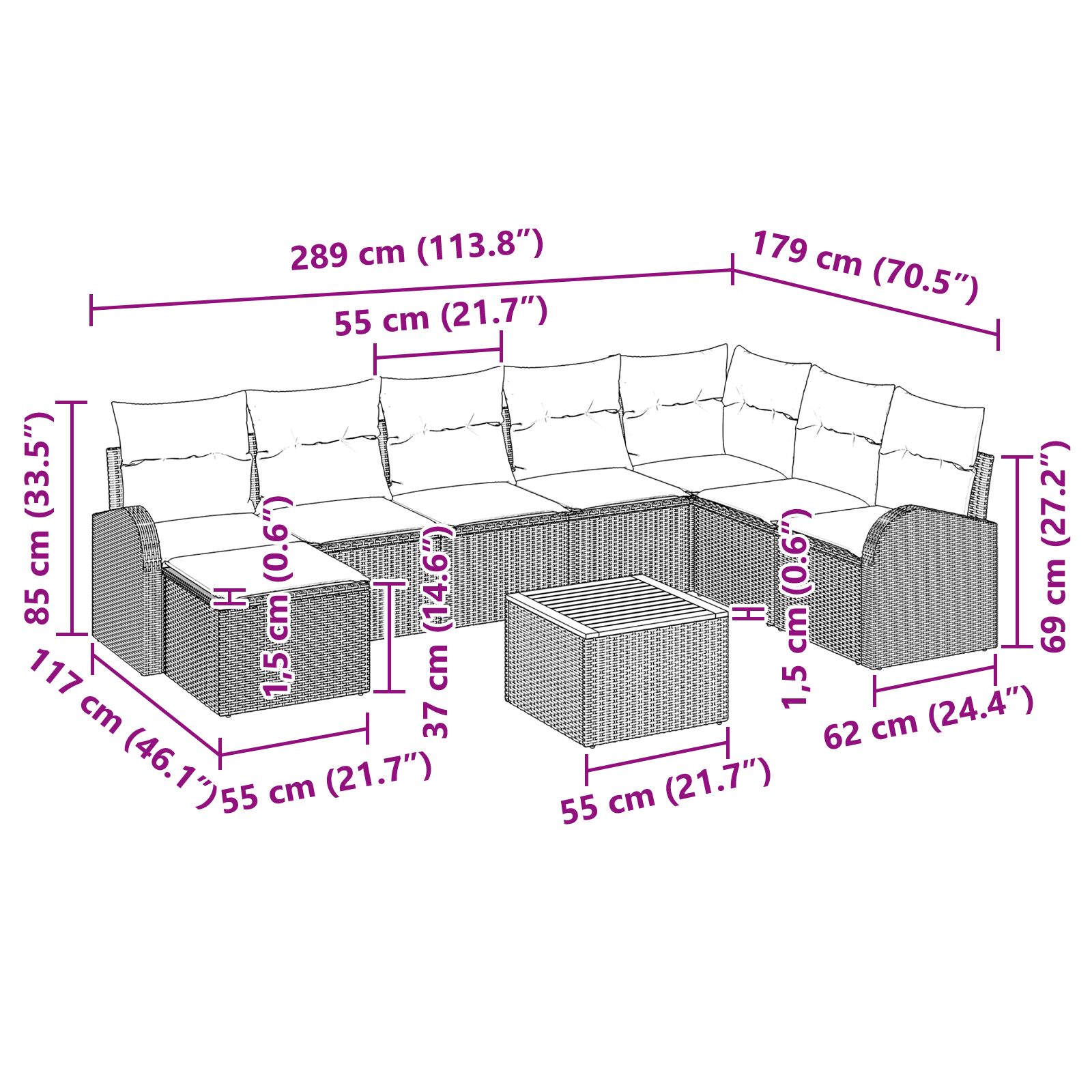 9 részes kerti kanapé szett párnákkal fekete poli rattan akácia