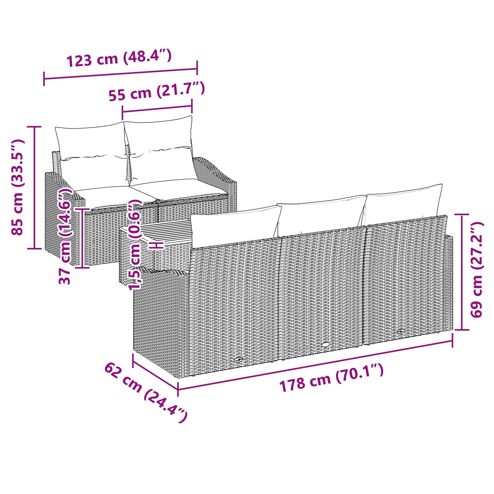 6 darabos kerti kanapé szett párnákkal fekete poli rattan akáccal
