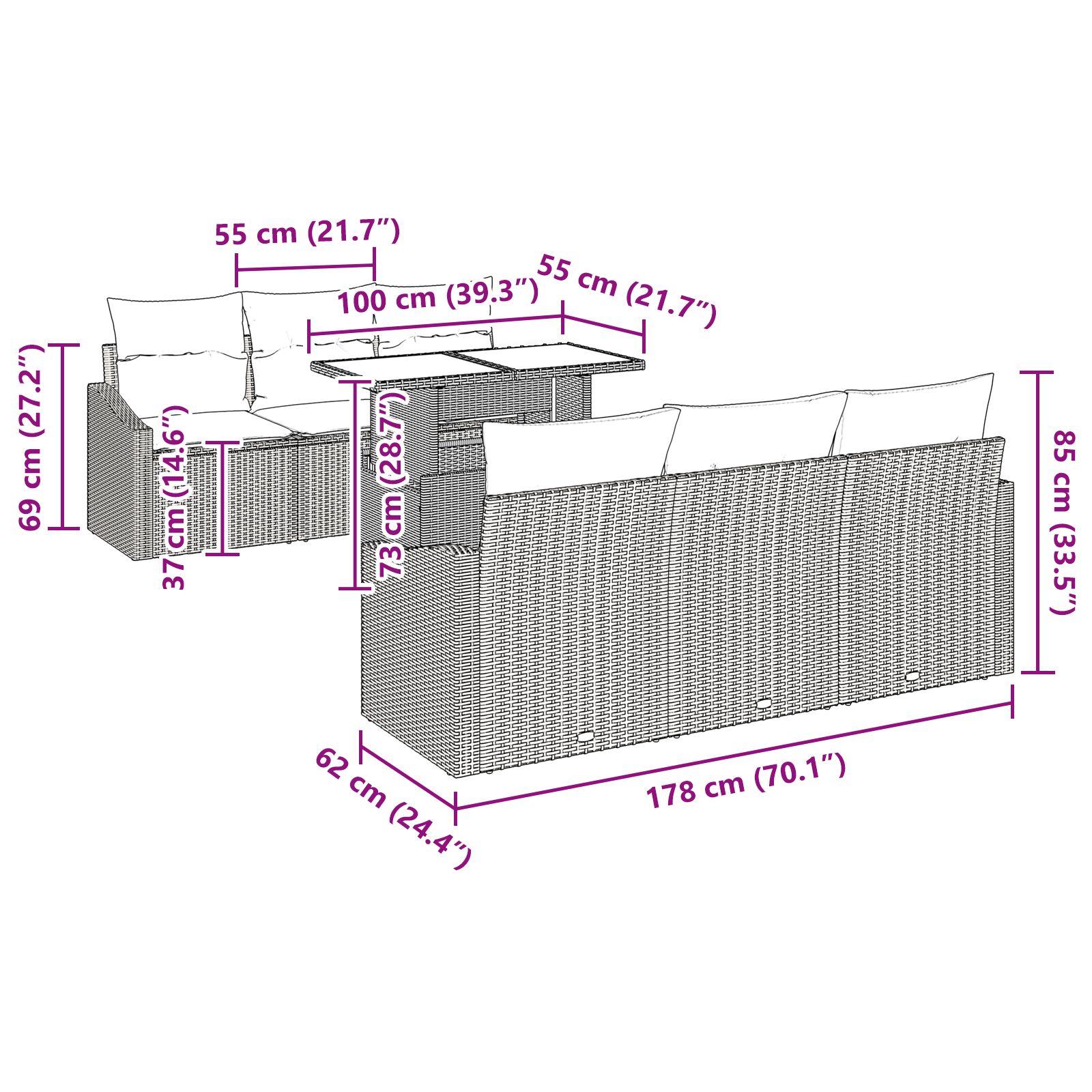 7 darabos kerti kanapé szett párnákkal, szürke, poli rattan