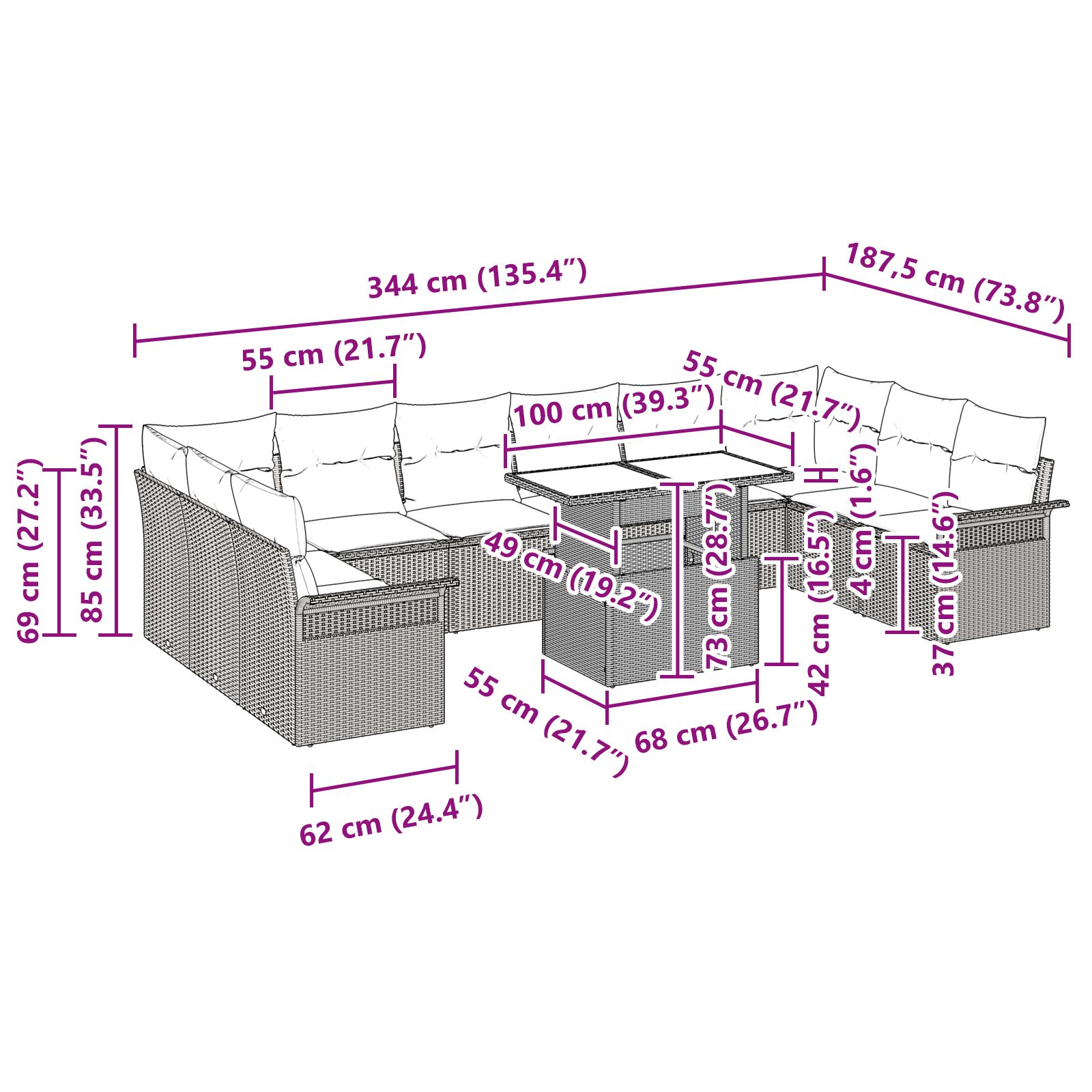 11 darabos kerti kanapé szett párnákkal bézs poli rattan