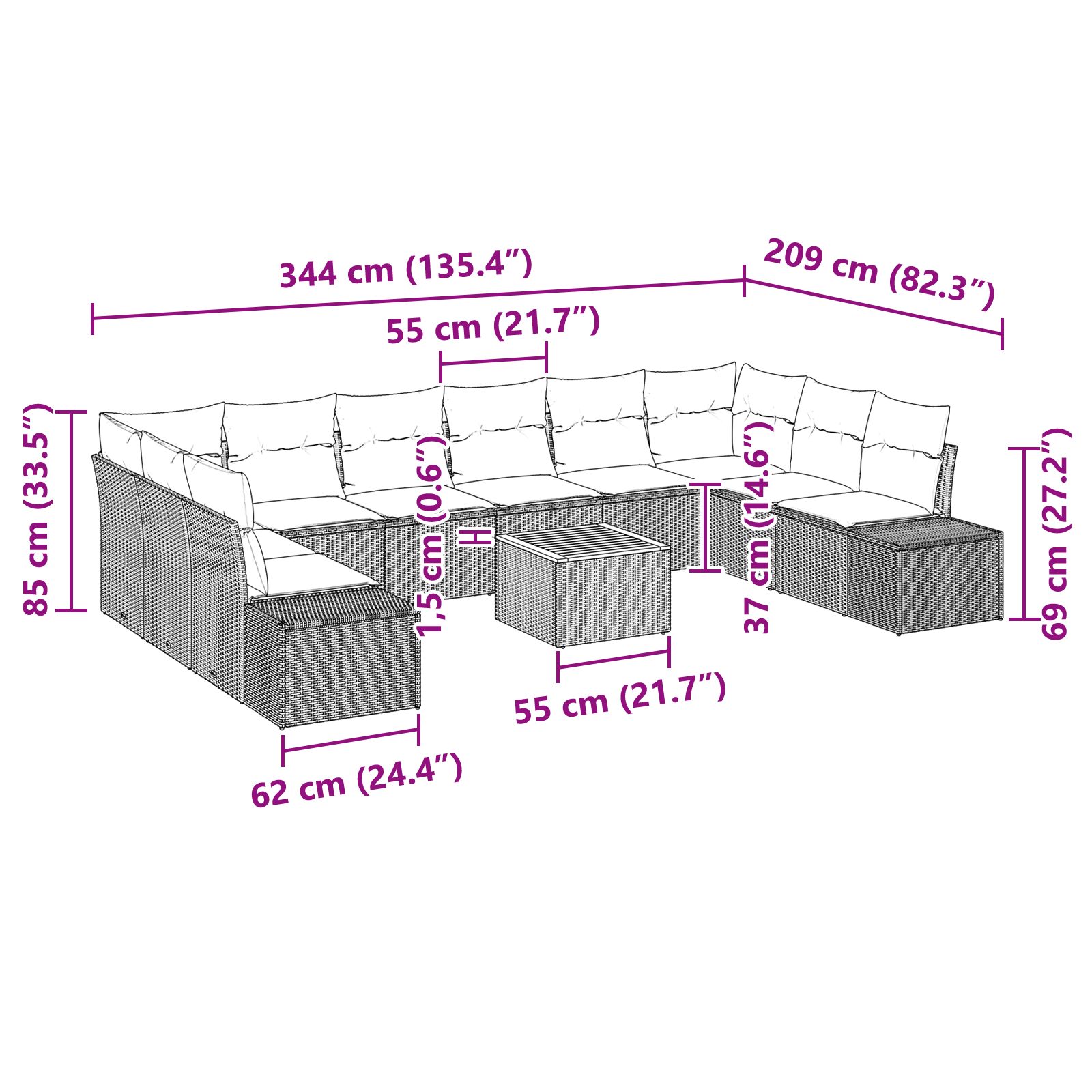 11 darabos kerti kanapészett párnákkal bézs poli rattan akác