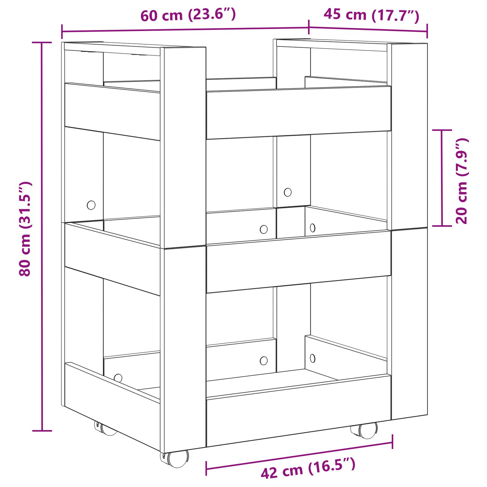 Konyhai kocsi kézműves tölgy 60x45x80 cm műanyag Konyhai kocsi kézműves tölgy 60x45x80 cm műanyag