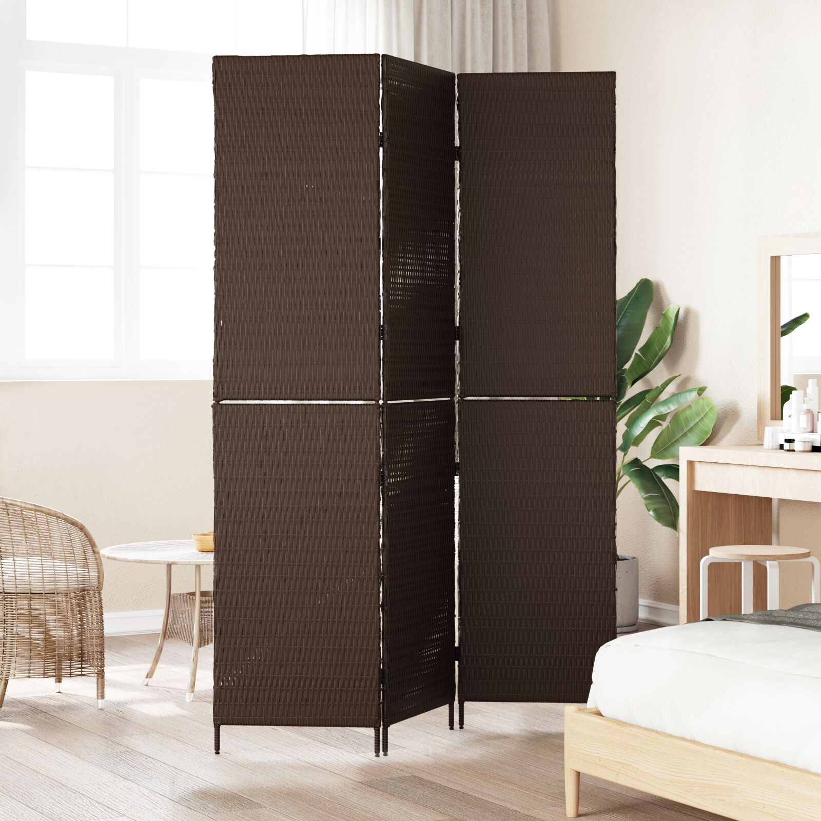 Szobai elválasztó 3 paneles összecsukható barna 146x180 cm poly rattan