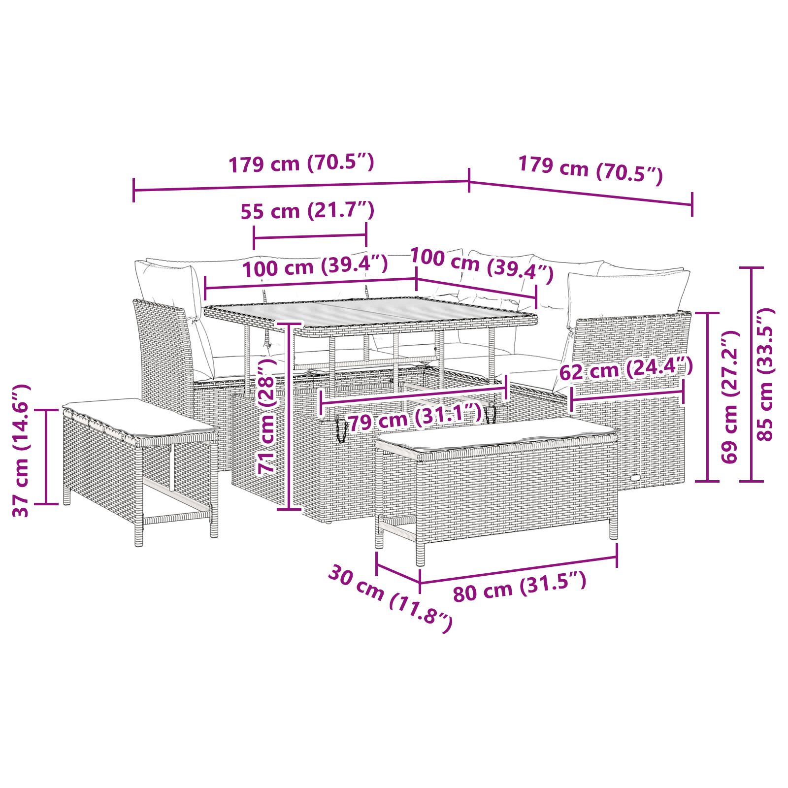 8 darabos kerti kanapé szett párnákkal fekete poly rattan akác, 3 darabos kerti étkező szett párnákkal fekete poly rattan akác