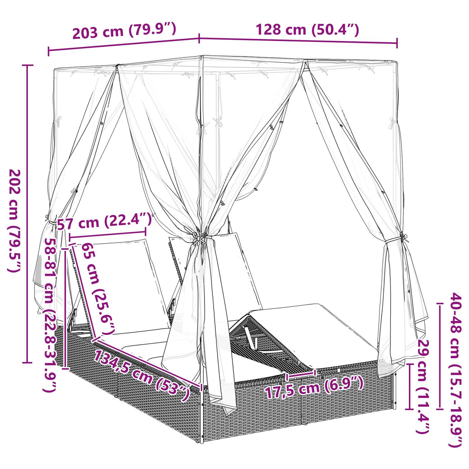 Dupla napágy tetővel és függönyökkel szürke polirattan