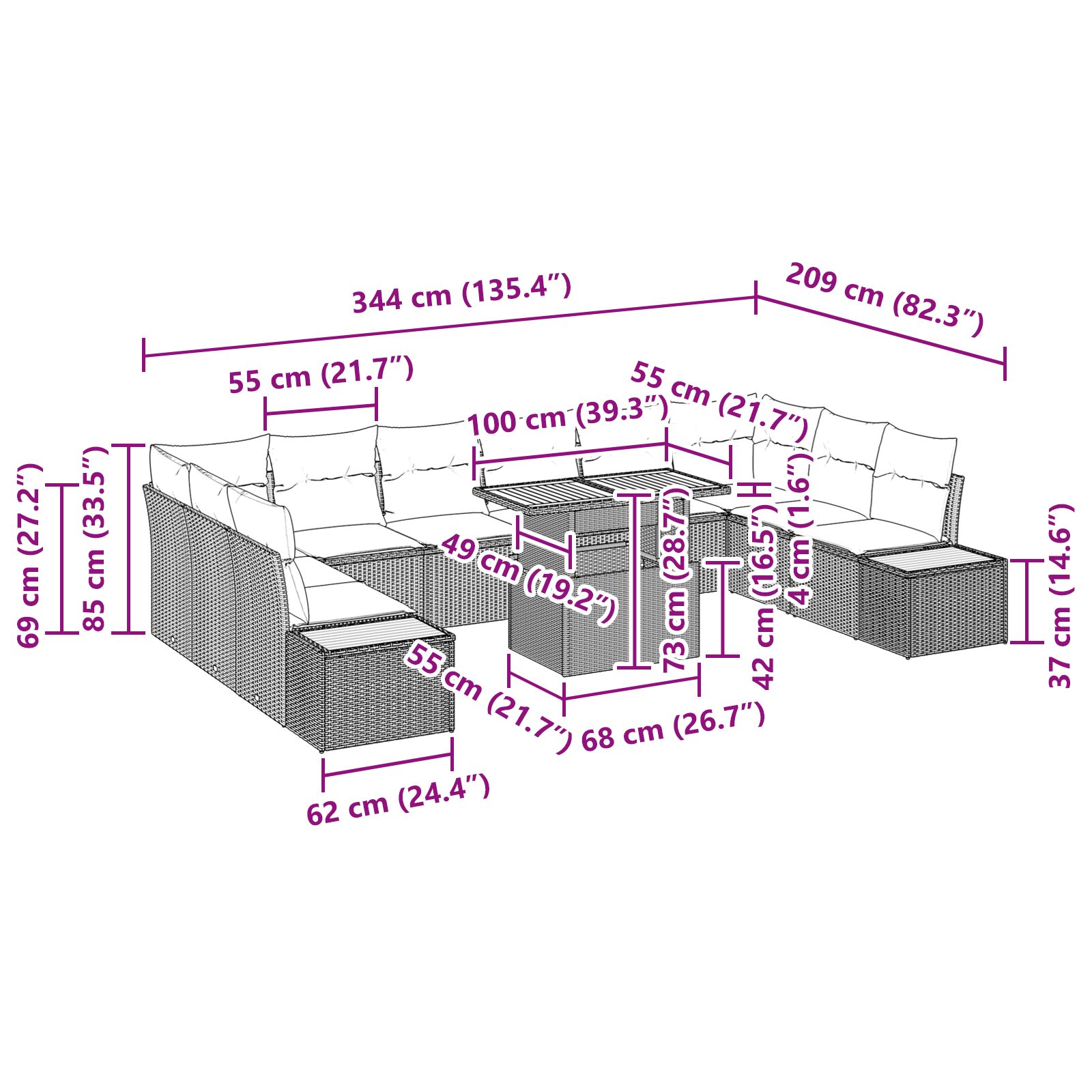 11 részes kerti étkező szett párnákkal fekete poli rattan akáciával