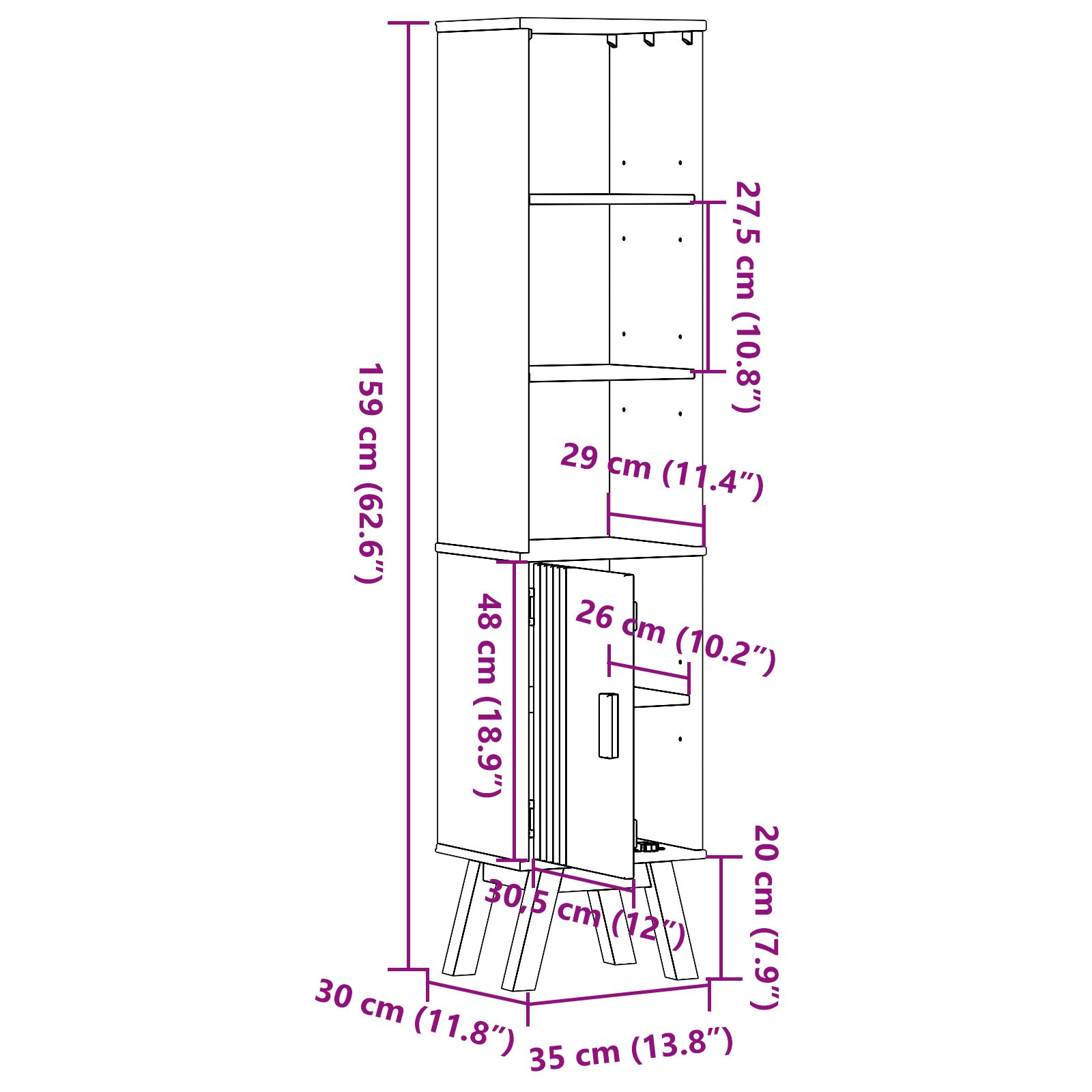Fürdőszoba szekrény barna 35x30x159 cm tömör fenyőfából