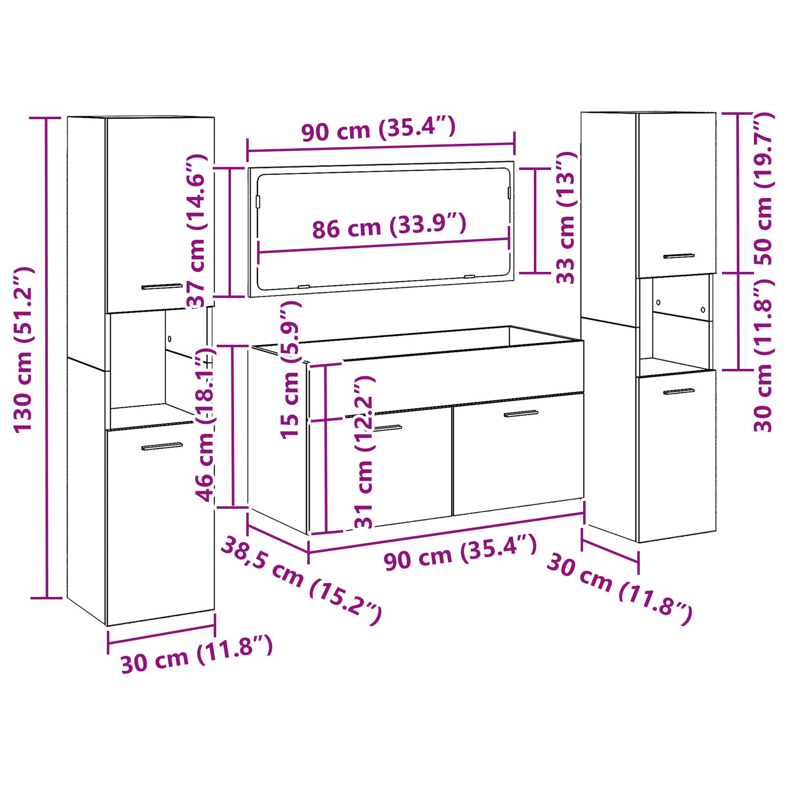 Fürdőszoba bútor készlet 3 részes fekete tölgy mdf