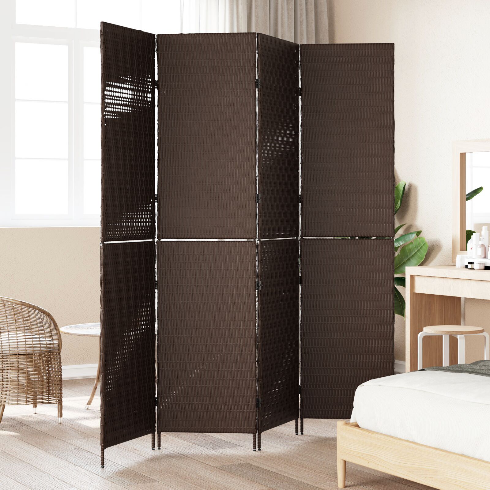 Szobai elválasztó 4 paneles összecsukható barna 195x180 cm poli rattan