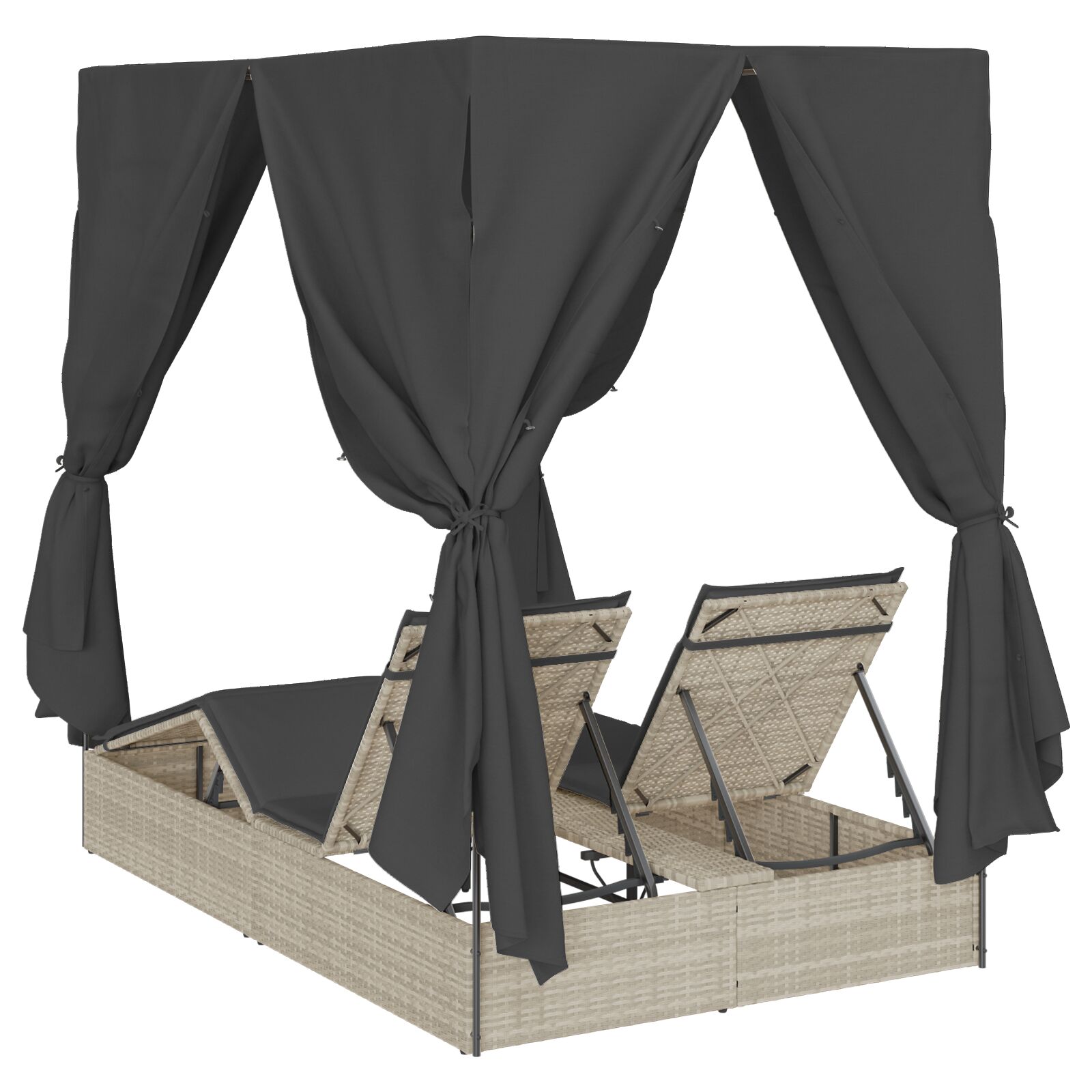 Dupla napágy tetővel és függönyökkel világosszürke poli rattan