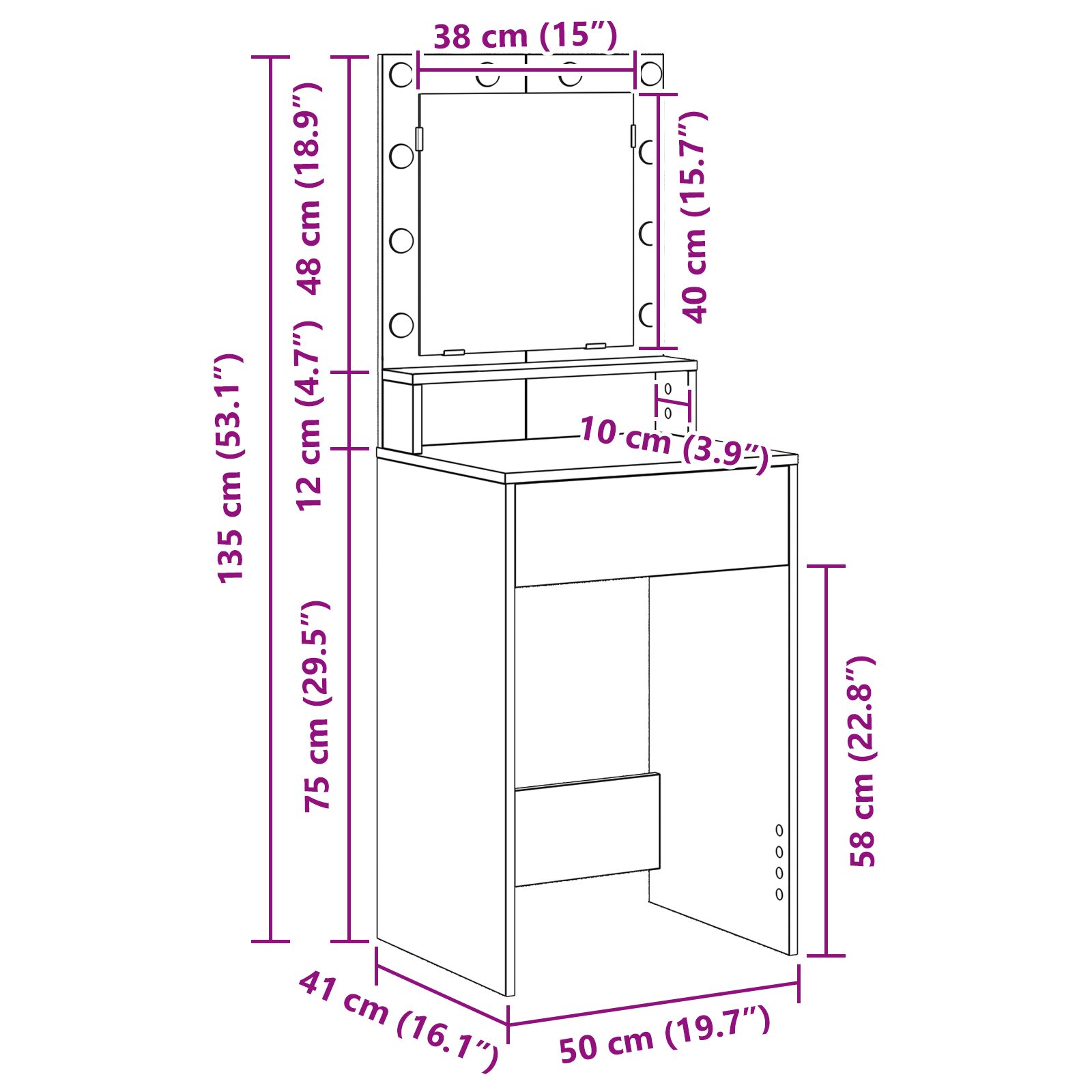 Led-es sminkasztal beton szürke 50x41x135 cm